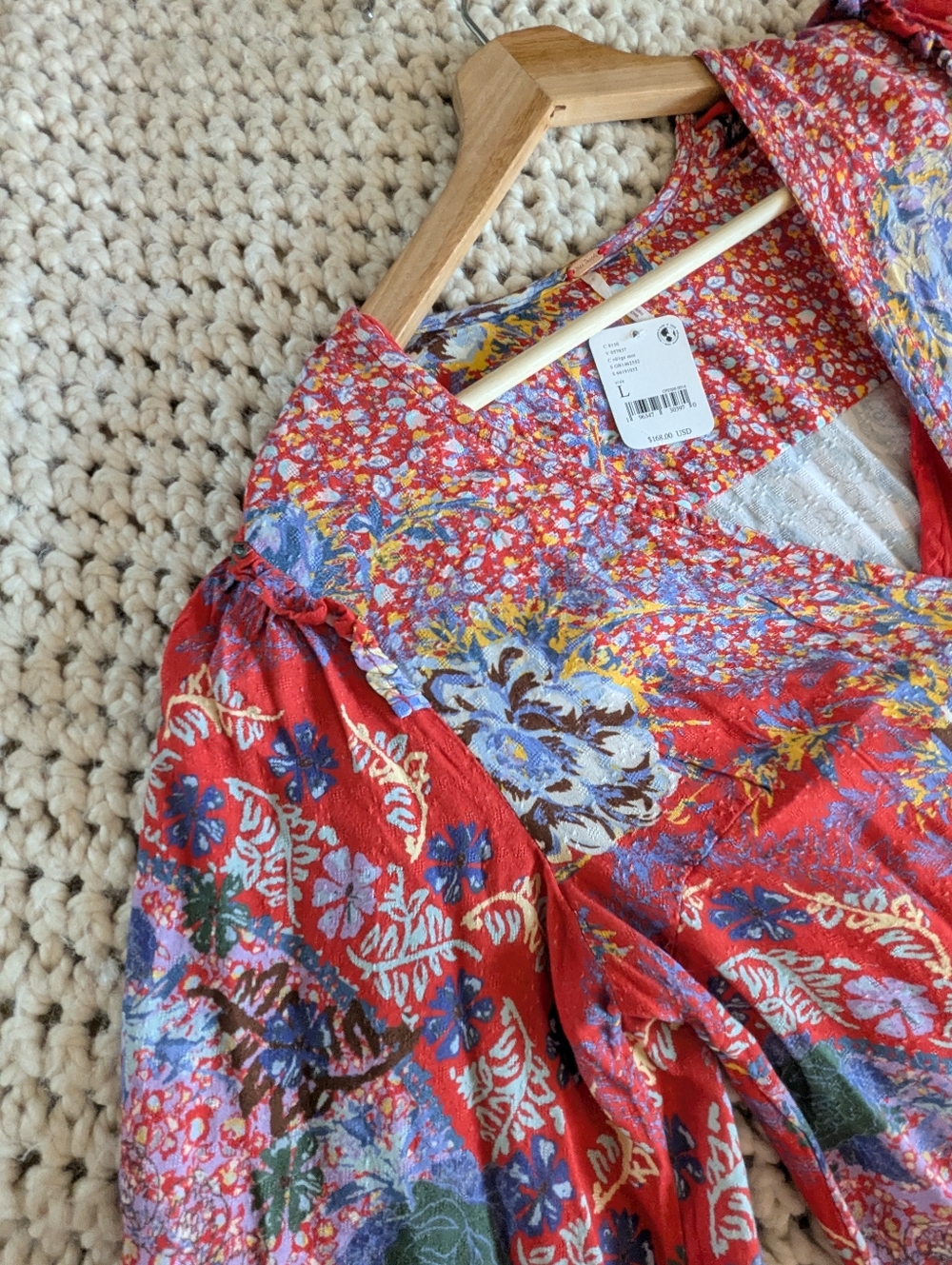 FREE PEOPLE Marais Dress. Boho Red Floral V-Neck Long Sleeve Maxi Dress - Picture 3 of 5